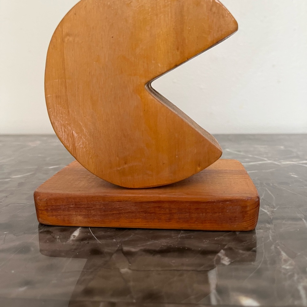 Wooden Abstract Pac-Man Sculpture in Natural Brown Pencil Holder